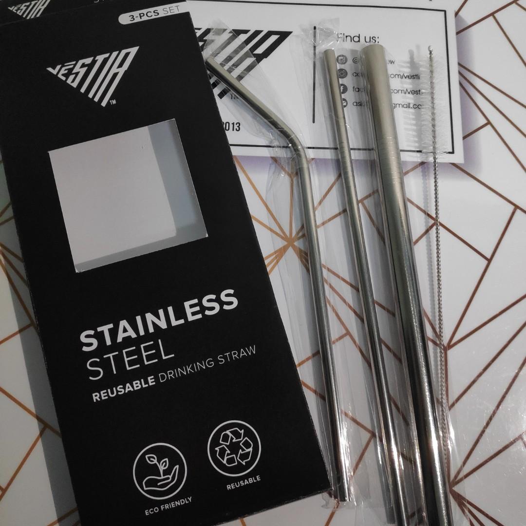 3-pc Reusable Drinking Straws Set (Stainless Steel)